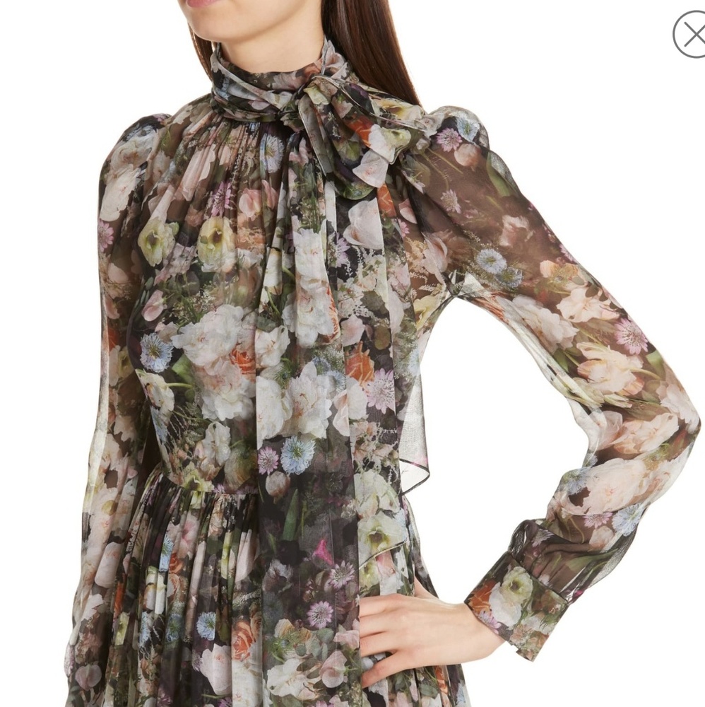 Adam Lippes "Printed Chiffon Tie-Neck Mini Dress"